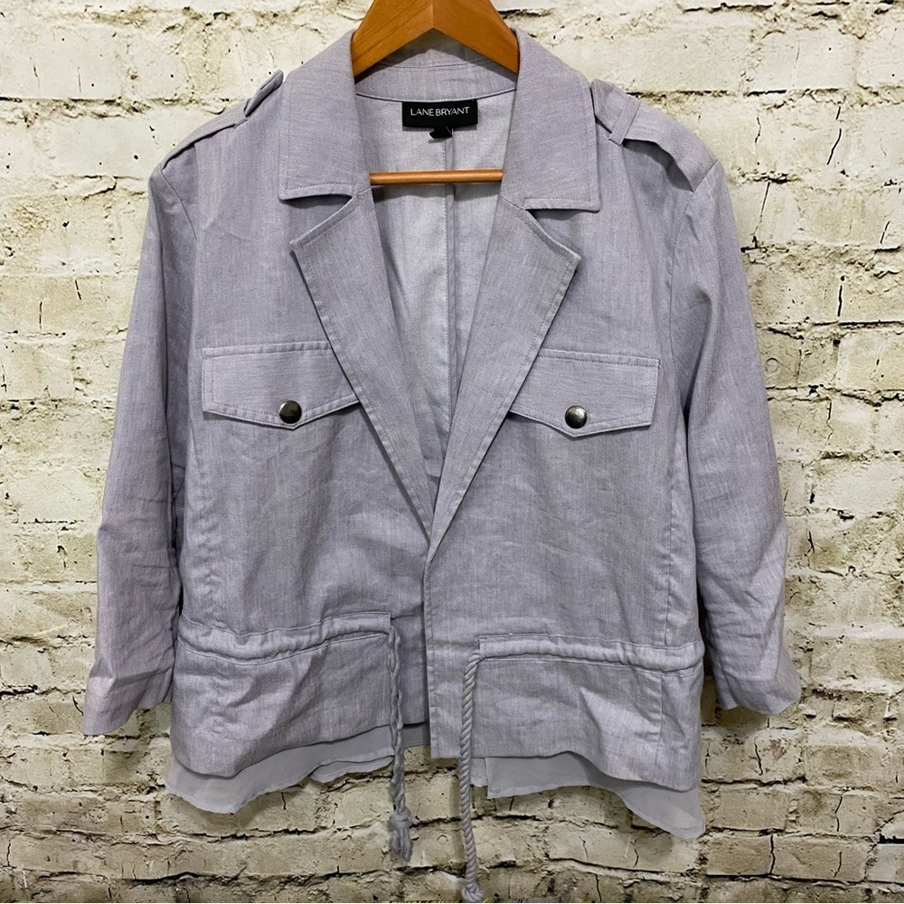 Lane Bryant Gray Linen Blend Tie Front 3/4 Sleeve Blazer